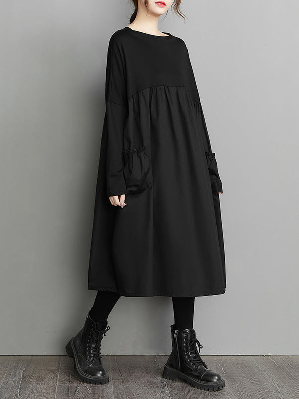 Simple Loose Black Split-Joint Long Sleeves Midi Dress