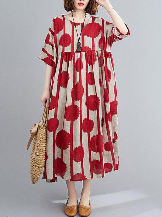 vmtvr - Original Polka-Dot Split-Joint Round-Neck Midi Dress