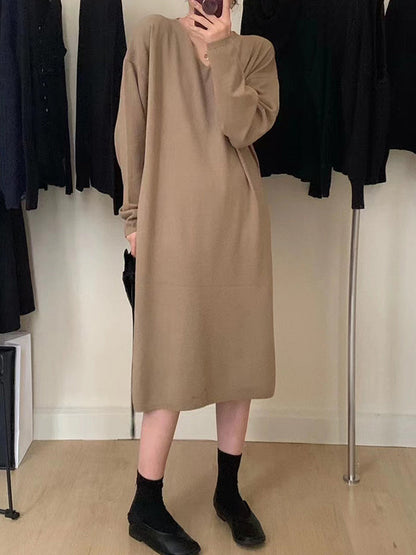 vmtvr - Long Sleeves Loose Solid Color V-Neck Midi Dresses Sweater Dresses