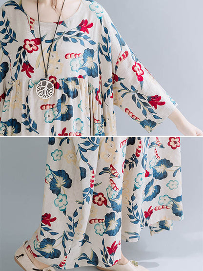 vmtvr - Casual Floral Printed Split-Joint Round-Neck Flared Batwing Sleeves Loose Maxi Dress