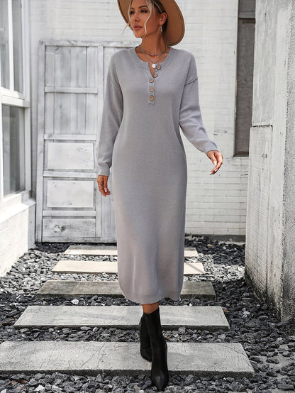 Button Front Midi Knit Dress, Elegant Long Sleeve Solid Color Dress For Spring & Fall, Women's Clothing