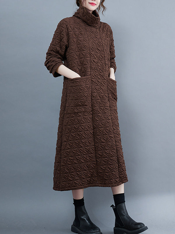 Casual Long Sleeves Loose Solid Color Textured High-Neck Cotton Padded Midi Dresses