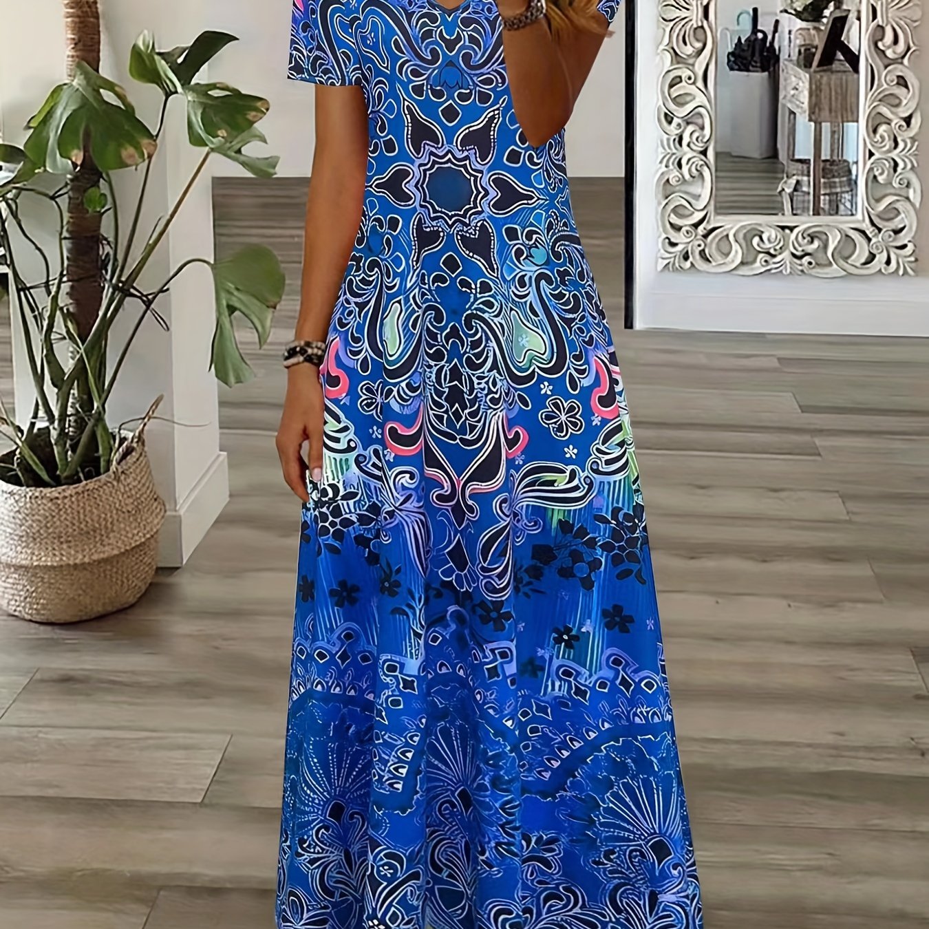 Ethnic Floral Print Dress, Boho V Neck Short Sleeve Maxi Dress, Women's Clothing