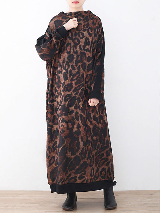 vmtvr - Vintage Leopard Print Knitted Loose High-Neck Dress