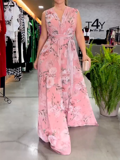 vmtvr - Elegant Empire Bandage Floral Printed V-Back Maxi Dresses