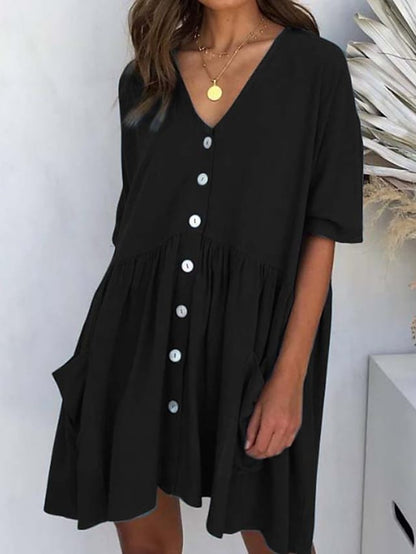 Women's Casual Dress Linen Dress Tiered Dress Mini Dress Black White Pink Short Sleeve Pure Color Ruched Winter Fall Spring V Neck Basic Daily Vacation Loose Fit S M L XL XXL 3XL