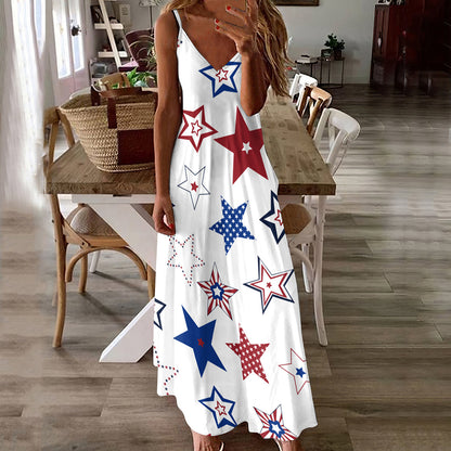 vmtvr - American Flag Star Print Slip Women Maxi Dress