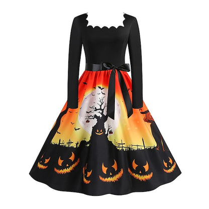 Women‘s Halloween Dress Retro 1950s Vintage Dress Midi Dress Holiday With Belt Bow Pumpkin Square Neck Long Sleeve Regular Fit Spring Fall  Black Yellow S M L XL