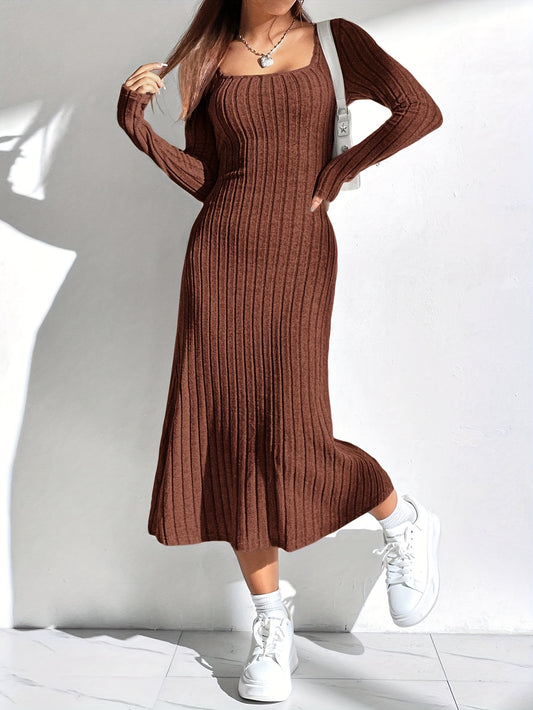 Chic Ribbed Knit Sweater Dress for Women - Casual Square Neck, Long Sleeve with Stretch, Machine Washable - Perfect for Fall/Winter