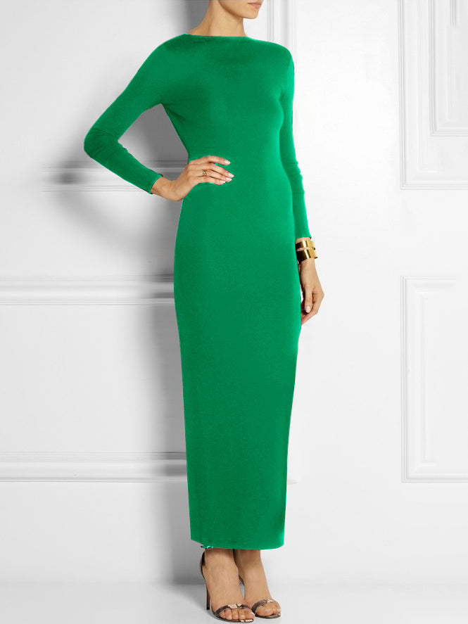 vmtvr - Long Sleeves Skinny Solid Color Split-Side Maxi Dresses