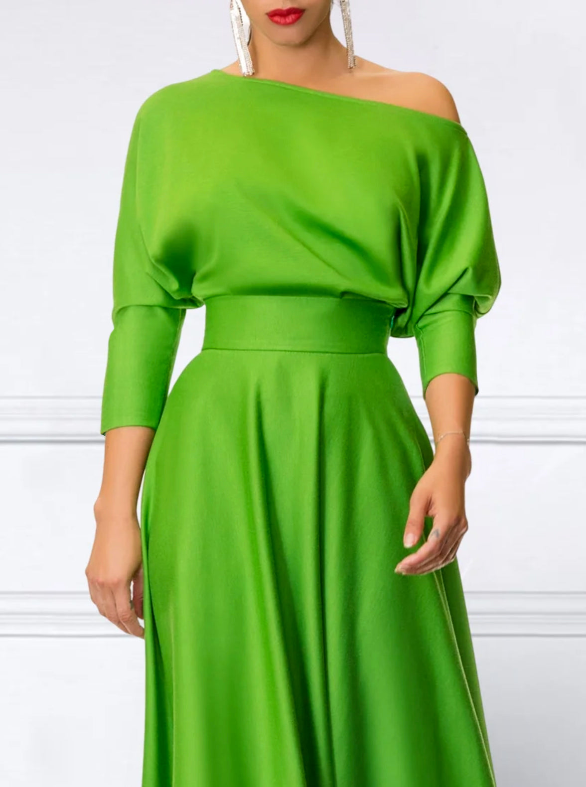 vmtvr - Loose Three-Quarter Sleeves Solid Color Off-The-Shoulder Maxi Dresses