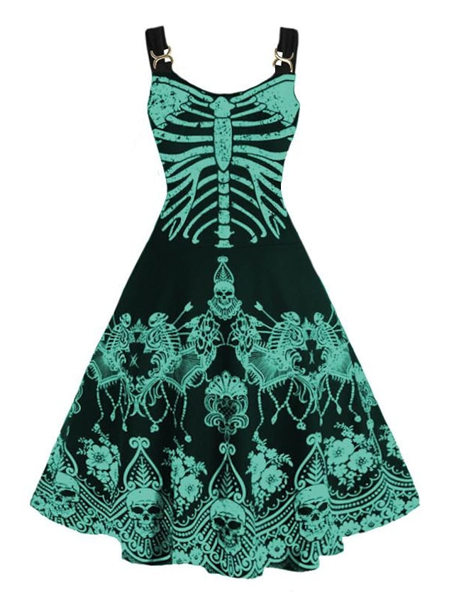 Women‘s Halloween Dress A Line Dress Short Mini Dress Green White Purple Yellow Sleeveless Print Skull Skeleton Print Fall Winter Crew Neck Party Party 2023 XL 2XL 3XL 4XL / Summer