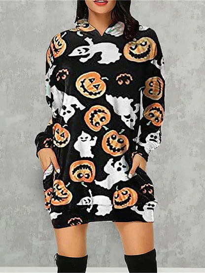 Women‘s Halloween Dress Casual Dress Hoodie Dress Mini Dress Fashion Daily Outdoor Vacation V Neck Pocket Print Skull Pumpkin Spider Loose Fit Black White Red S M L XL XXL