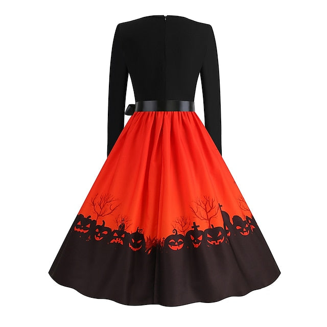 Women‘s Halloween Dress Retro 1950s Vintage Dress Midi Dress Holiday With Belt Bow Graphic Crew Neck Long Sleeve Regular Fit Spring Fall  Pink Red S M L XL