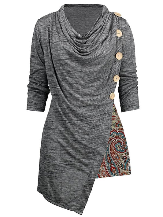 Women's Casual Dress Print Dress Spring Dress Floral Paisley Ruched Patchwork Cowl Neck Mini Dress Vintage Ethnic Outdoor Date Long Sleeve Loose Fit Gray Spring Fall S M L XL XXL