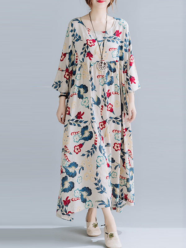 vmtvr - Casual Floral Printed Split-Joint Round-Neck Flared Batwing Sleeves Loose Maxi Dress