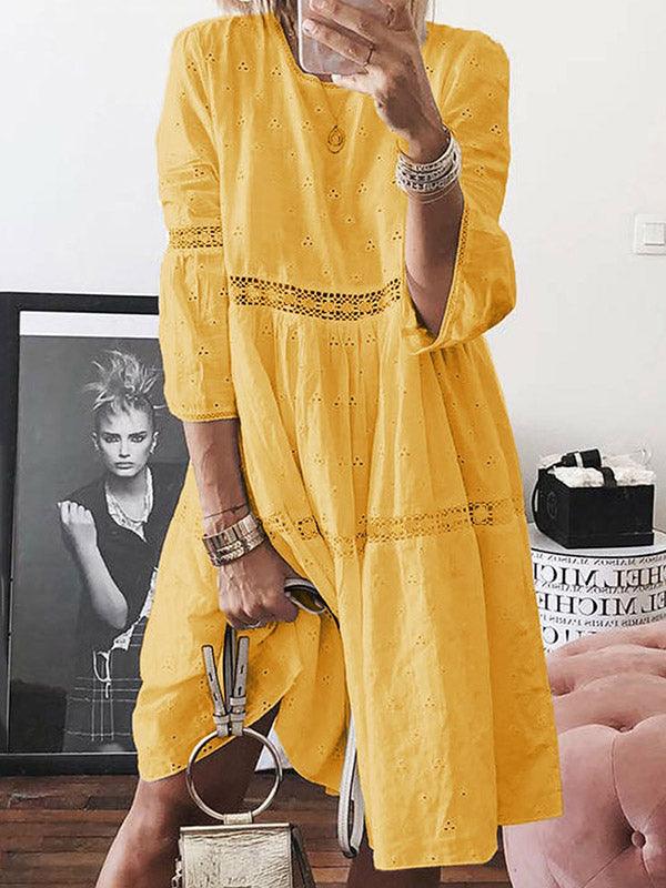 vmtvr - Loose Solid Color Hollow Round-Neck 3/4 Sleeves Midi Dress