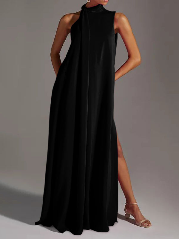 vmtvr - Sleeveless Solid Color Split-Side Round-Neck Maxi Dresses