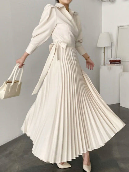 Office Pleated Asymmetric Solid Color Lapel Maxi Dresses