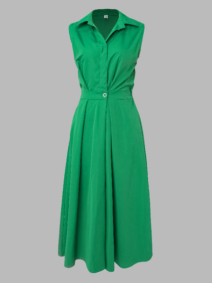 Sleeveless Solid Color Lapel Midi Dresses