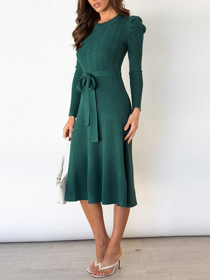 vmtvr - High Waisted Long Sleeves Solid Color Tied Waist Round-Neck Midi Dresses Sweater Dresses