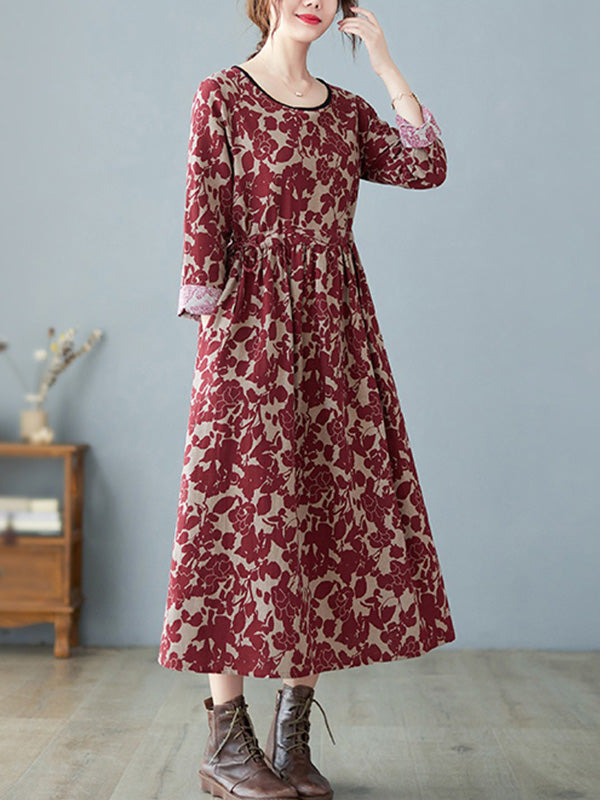 vmtvr - Artistic Retro Ramie Cotton Floral Printed Pleated Round-Neck Long Sleeves Midi Dress