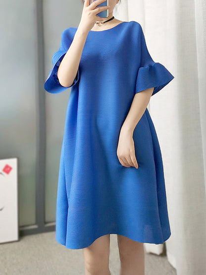 vmtvr - Stylish Selection Flared Sleeves A-Line Pleated Solid Color Round-Neck Midi Dresses