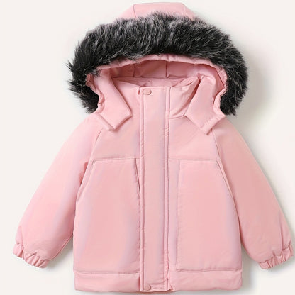 Cozy Boys' Hooded Jacket With Removable Fleece Collar - Casual & Warm Autumn And Winter Coat For Young Ones