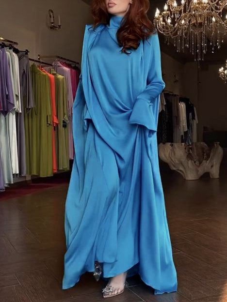 vmtvr - Flared Sleeves Long Sleeves Solid Color High-Neck Maxi Dresses