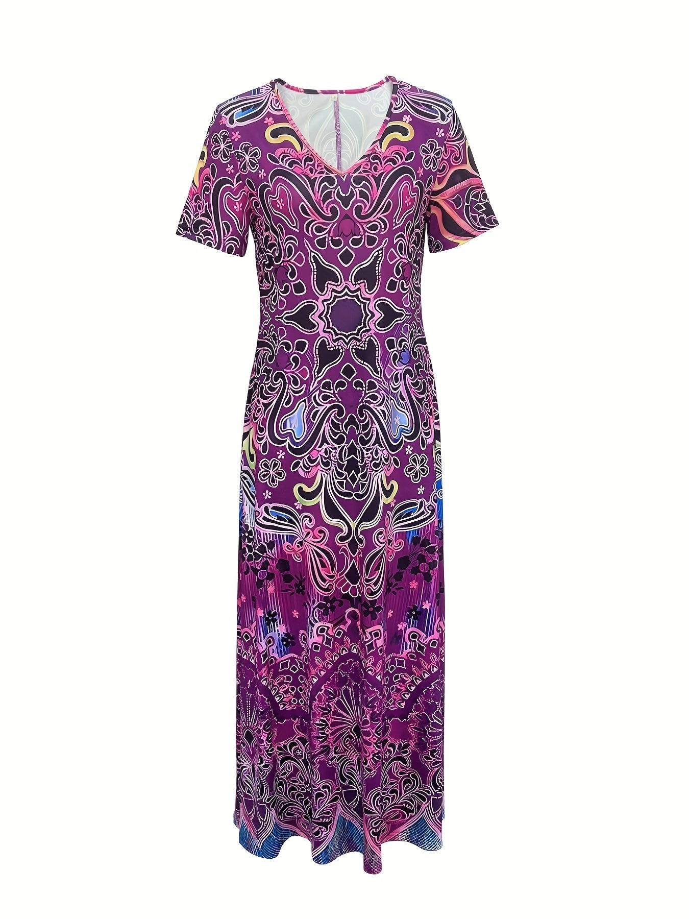 Ethnic Floral Print Dress, Boho V Neck Short Sleeve Maxi Dress, Women's Clothing