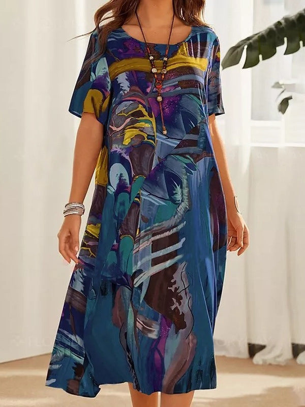 vmtvr - A-Line Loose Printed Round-Neck Midi Dresses