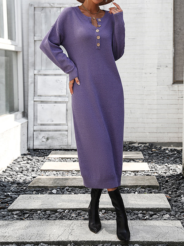 vmtvr - Long Sleeves Loose Buttoned Split-Joint Round-Neck Midi Dresses Sweater Dresses