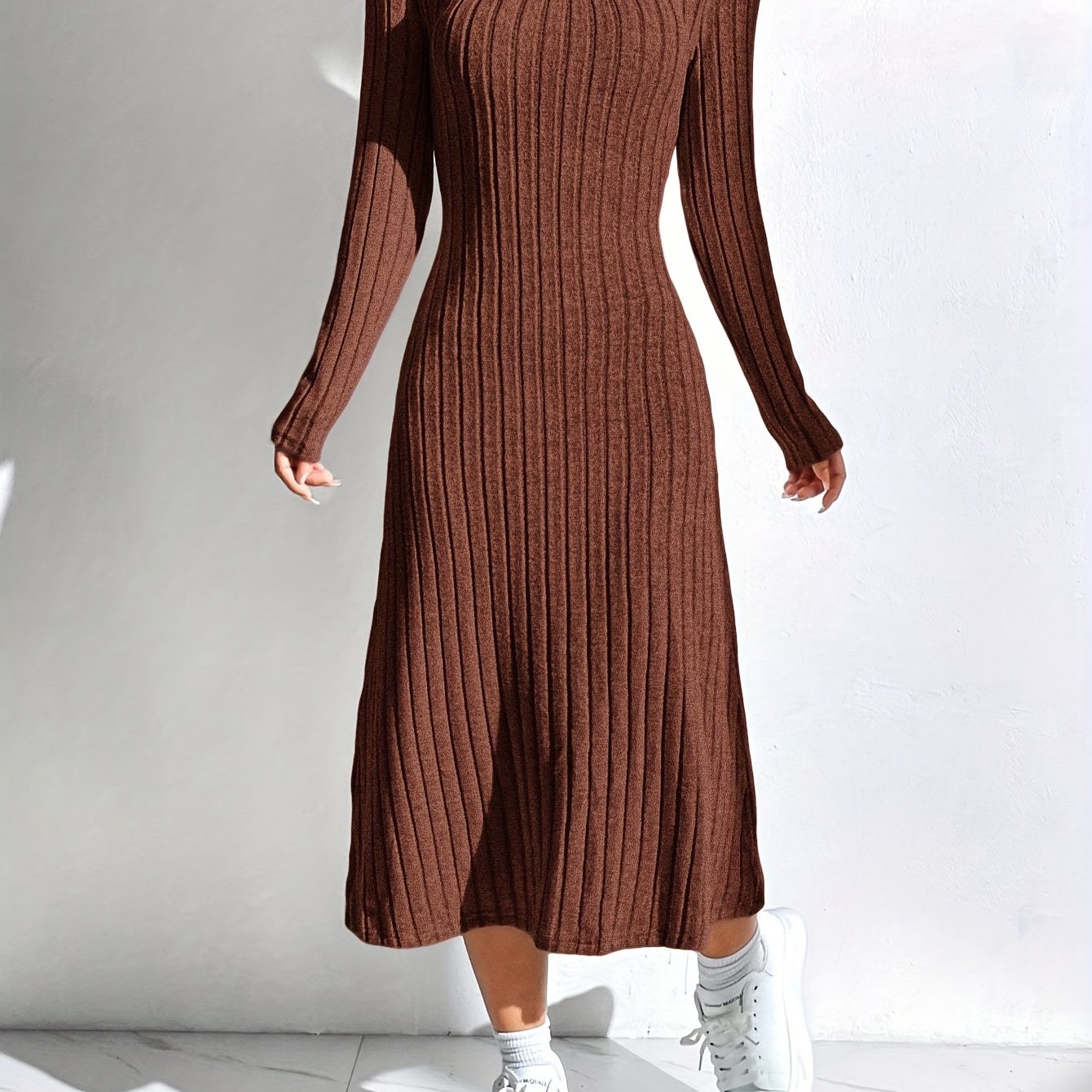 Chic Ribbed Knit Sweater Dress for Women - Casual Square Neck, Long Sleeve with Stretch, Machine Washable - Perfect for Fall/Winter