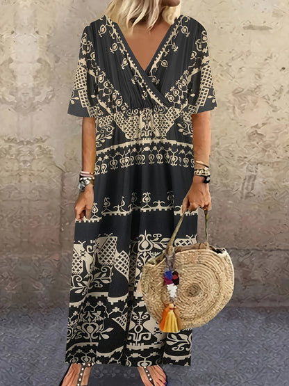 Plus Size Boho Dress, Women's Plus Geometric Print V Neck Short Sleeve Maxi Dress