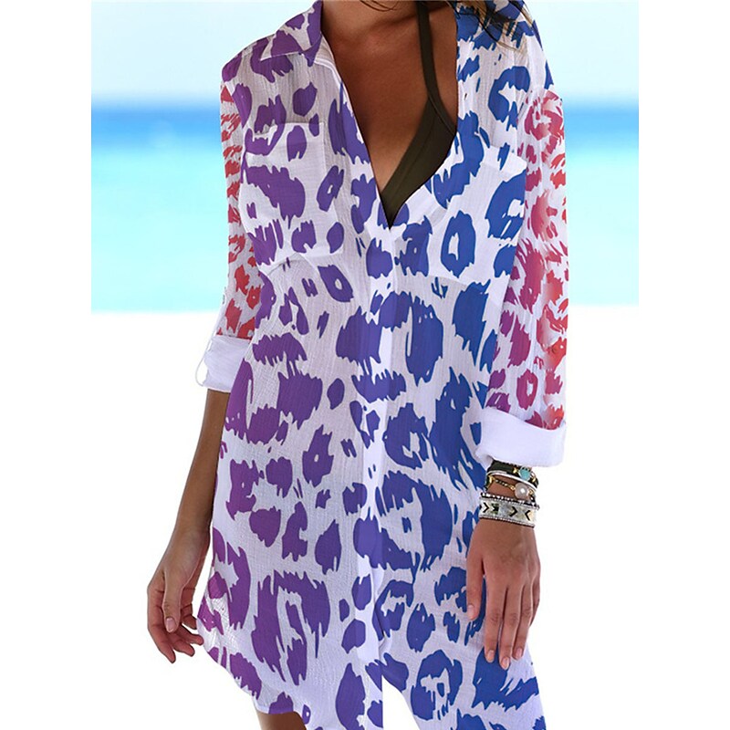 Women's Shirt Dress Cover Up Beach Wear Mini Dress Pocket Print Fashion Casual Leopard Turndown 3/4 Length Sleeve Loose Fit Outdoor Daily White Red Spring Summer S M L XL