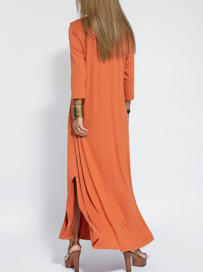 vmtvr - Long Sleeves Loose Solid Color Split-Side V-Neck Maxi Dresses