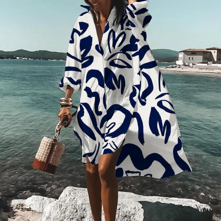 vmtvr - Floral Printed Long Sleeve Casual Beach Midi Dress