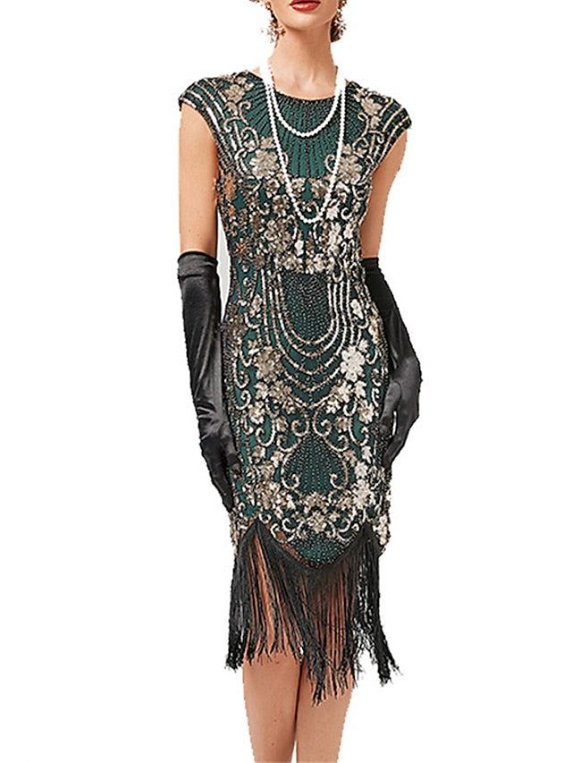 Women‘s Halloween Dress Retro 1920s Fringe Dress Midi Dress Party Sequins Tassel Fringe Floral Crew Neck Short Sleeve Slim Summer Spring  Black Gold Red XS S M L