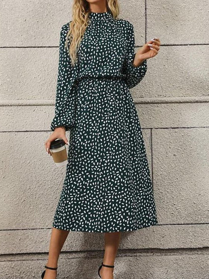 Women's Casual Dress A Line Dress Print Dress Polka Dot Print Stand Collar Midi Dress Active Fashion Outdoor Street Long Sleeve Loose Fit Green Fall Winter S M L XL XXL