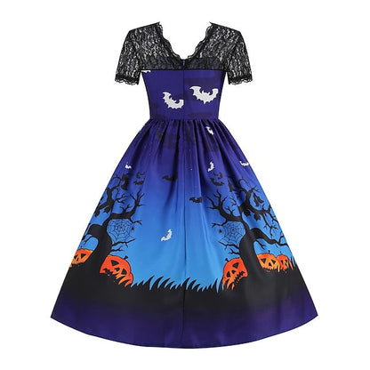 Women‘s Halloween Dress Retro 1950s Vintage Dress Midi Dress Holiday Lace Patchwork Graphic V Neck Short Sleeve Regular Fit Spring Fall  Black Blue S M L XL