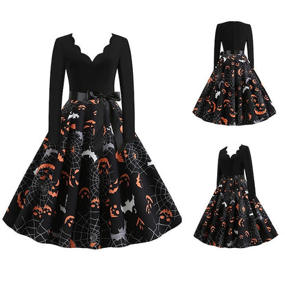 Women‘s Halloween Dress Retro 1950s Vintage Dress Midi Dress Holiday With Belt Bow Pumpkin V Neck 3/4 Length Sleeve Regular Fit Spring Fall  Black S M L XL