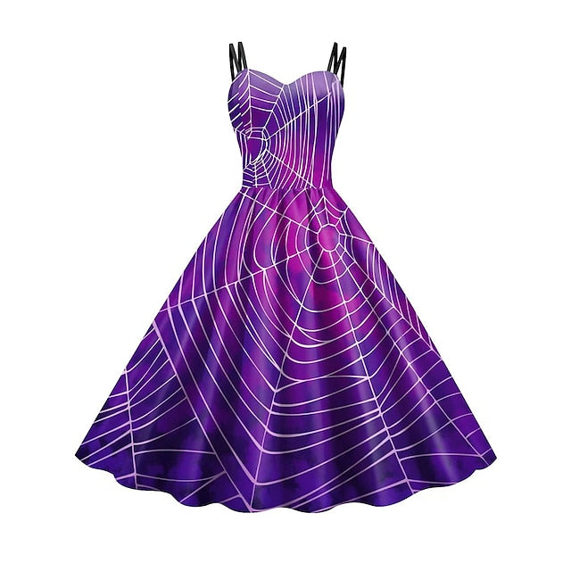 Women‘s Halloween Dress Retro 1950s Vintage Dress Midi Dress Holiday Backless Print Pumpkin Spaghetti Strap Sleeveless Regular Fit Spring Fall  Deep Purple Purple S M L XL