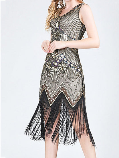 Women‘s Halloween Dress Retro 1920s Fringe Dress Midi Dress Party Outdoor Sequins Tassel Fringe Plain V Neck Sleeveless Regular Fit Summer Spring  claret Black S M L XL