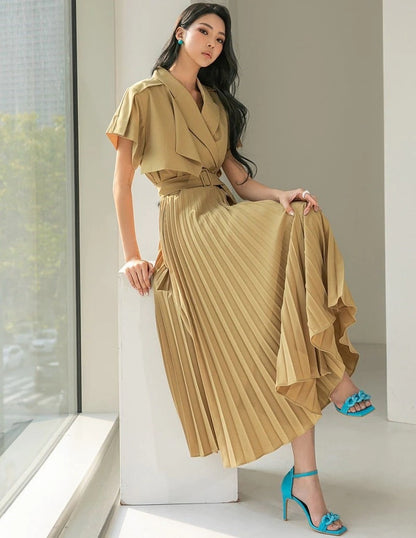 Summer Lace-Up Dress Fashion Vintage Luxury Elegant Pleated Vestidos Slim Women Evening Party