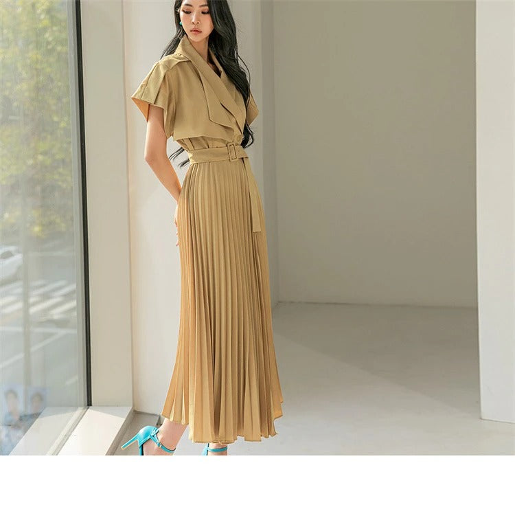 Summer Lace-Up Dress Fashion Vintage Luxury Elegant Pleated Vestidos Slim Women Evening Party