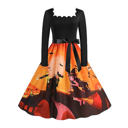 Women‘s Halloween Dress Retro 1950s Vintage Dress Midi Dress Holiday With Belt Bow Pumpkin Square Neck Long Sleeve Regular Fit Spring Fall  Black Yellow S M L XL