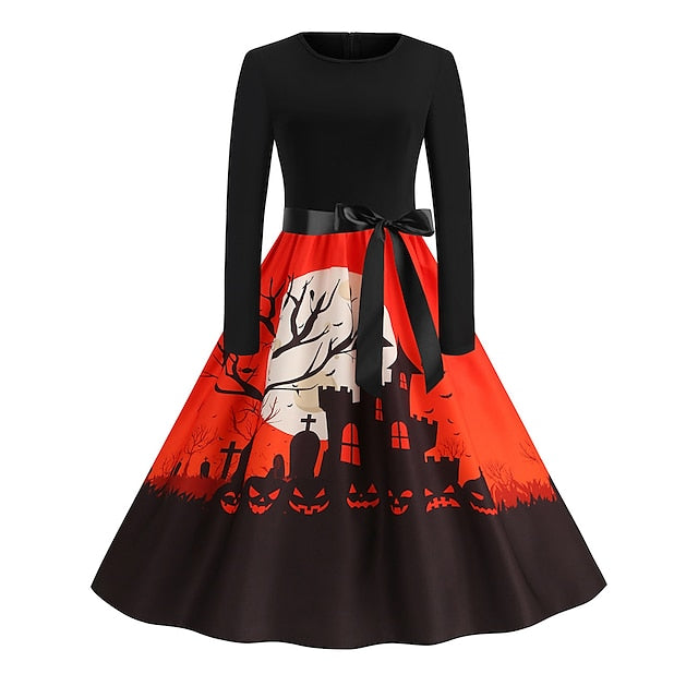 Women‘s Halloween Dress Retro 1950s Vintage Dress Midi Dress Holiday With Belt Bow Graphic Crew Neck Long Sleeve Regular Fit Spring Fall  Pink Red S M L XL