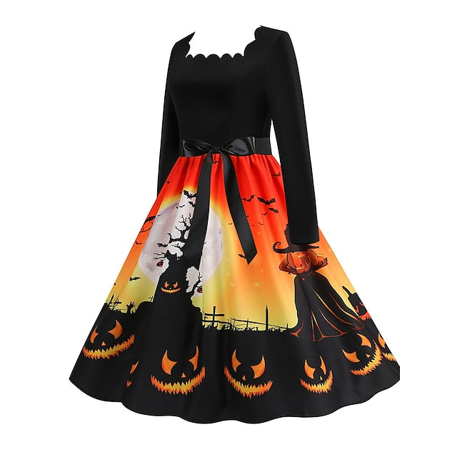 Women‘s Halloween Dress Retro 1950s Vintage Dress Midi Dress Holiday With Belt Bow Pumpkin Square Neck Long Sleeve Regular Fit Spring Fall  Black Yellow S M L XL