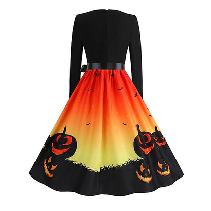 Women‘s Halloween Dress Retro 1950s Vintage Dress Midi Dress Holiday With Belt Bow Pumpkin Square Neck Long Sleeve Regular Fit Spring Fall  Black Yellow S M L XL