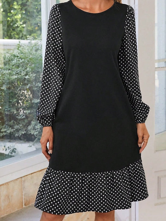 Women's Casual Dress A Line Dress Polka Dot Dress Polka Dot Color Block Ruffle Patchwork Crew Neck Midi Dress Active Fashion Outdoor Street Long Sleeve Loose Fit Black Fall Winter S M L XL XXL